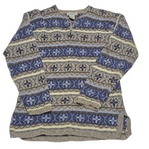 Vintage Jacob 100% Wool Men's Patterned Sweater - Blue and Beige Size Mediun
